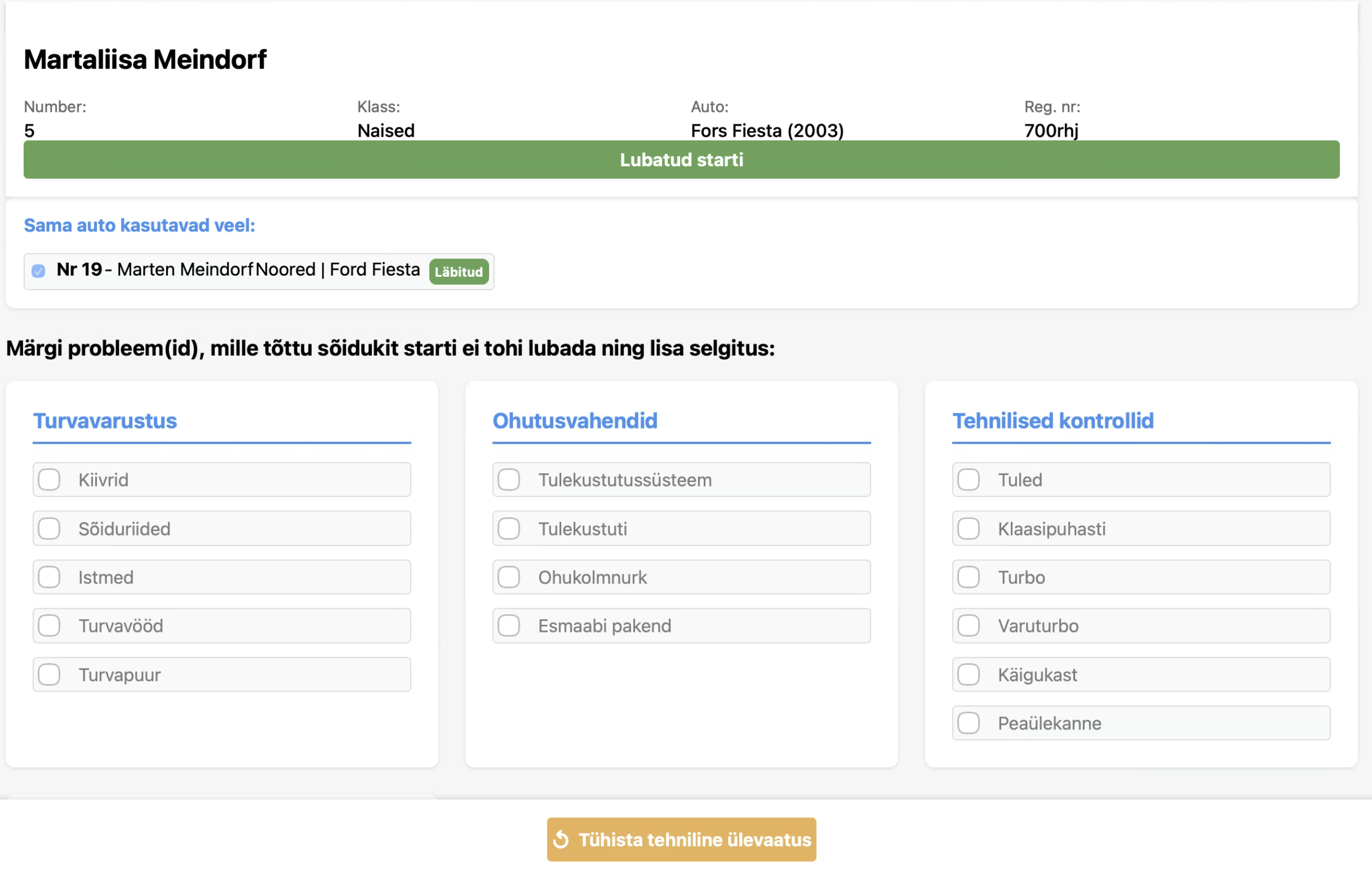 Tehniline kontroll - turvavarustuse nimekiri